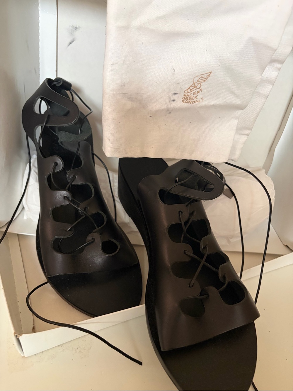Ancient Greek Sandals Black Leather Lace-Up Cutout Sandals. Tried On